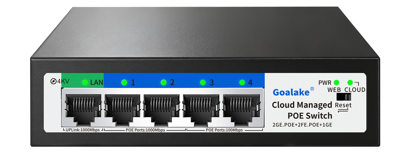 Goalake Switch PoE Ethernet à 5 Ports | 4 Ports PoE+ 52W | VLAN Intelligent | Mode AI Extend 250m | Plug & Play | Montage Bureau/Mur | Norme IEEE 802.3af/at | 100Mbps
