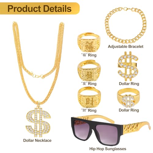 9 Stück Zuhälter Kostüm, Hip Hop Rapper Set - Goldkette mit Dollar, Dollar Ringe, Sonnenbrille, Armband, Spielzeugfinger | 80er 90er Jahre Gangster Gang Outfit Herren für Karneval, Mottoparty (A)