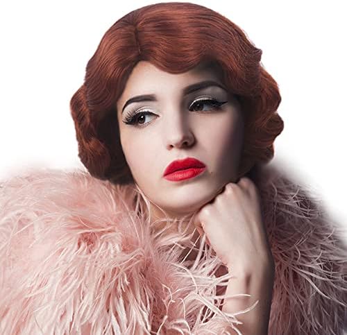 H&Bwig Short Red 20s Wigs for Women Natural Finger Wave Synthetic Hair Wig for Women Lady Ladies Cosplay Anime Party Costume Anime Flapper Wig