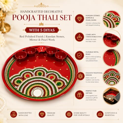Image of Trendifly Decorative Metal Pooja Thali Set with 5 Diya Holder | Kundan Stone Mirror Work Puja Aarti Thali Set for Home Mandir Temple Room | Home Ceremony Pooja Wedding Baby Shower Return Gifts Items