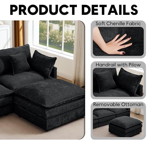 Image of 102 inch L Shaped Modular Sectional Sofa, Comfy Upholstery Chenille Cloud Couch with Ottoman, Modern 4-Seat Deep Seat Sofa with Pillow for Living Room, Bedroom, Apartment (Black)
