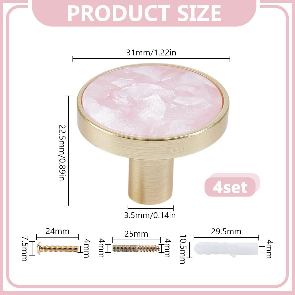 DELORIGIN 4 Packs Drawer Knobs Gold Dresser Knob Zinc Alloy Pulls Handles Mother of Pearl Furniture Knobs Accessories for Kitchen Cabinet Dresser Drawers Door Decorative,1.2" Diameter,Pink - Image 2