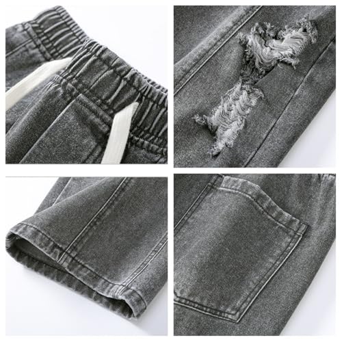 Men's Straight Leg Denim Pants Comfort Distressed Elastic Waist Regular Fit Baggy Jeans4