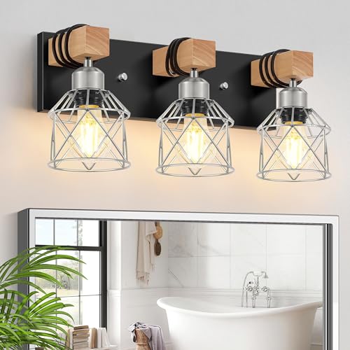 Image of FadimiKoo 3-Light Wood Bathroom Light Fixtures Over Mirror, Rustic Black Silver Famhourse Sconces Wall Decor with Elegant Metal Lampshade for Living Room, Bedroom, Porch