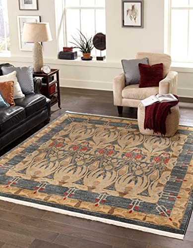 Image of Unique Loom Edinburgh Collection Area Rug - Canmore (7' 10 inch Square, Navy Blue / Tan)