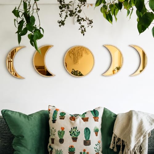Image of Moon Phase Wall Decor with Beige Laminated Pine Wood Frame & Golden Acrylic Mirror | Boho Celestial Wall Art for Living Room, Bedroom, Yoga & Meditation Room