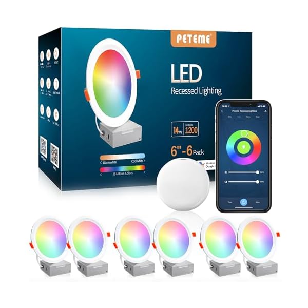 Smart LED Recessed Lighting 6 Inch, IC Rated & ETL Certified Recessed Ceiling Light, RGB & Cool & Warm White Dimmable Color Changing Downlight Work with Alexa/Google, Sync to Music, 1200Lumen,6 Pack