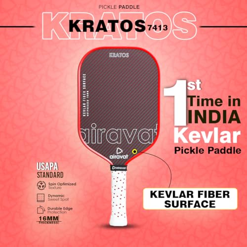 Image of Airavat Kratos 7413 Pickleball Paddle Features a Kevlar Surface, hot-Pressed tech, Shock-Absorbing core, Ergonomic Grip, and pro-Level USAPA Standard. Built for All climates and Peak Performance.