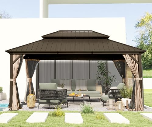 Domi 12'x14' Hardtop Gazebo, Outdoor Metal Gazebo with Galvanized Steel Double Roof, Curtains & Netting, Permanent Pavilion for Patio, Backyard, Party, Outdoor Dining, Brown