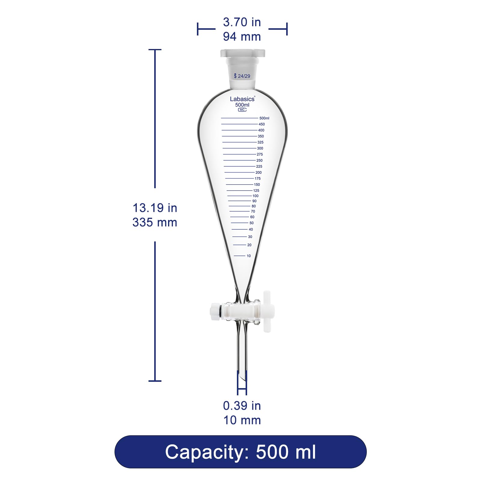 Labasics Embudo de Decantación Graduado, 500 ml de Vidrio de Borosilicato de Pared Gruesa con Junta 24/29 y Llave de PTFE