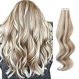 Sassina Mini Tape in Real Human Hair Extensions 16 Inch Remy Human Hair Extensions 50g Highlighted Light Chestnut Brown with Platinum Blonde Invisible Straight Hair Extensions 20 Pcs #P8-60