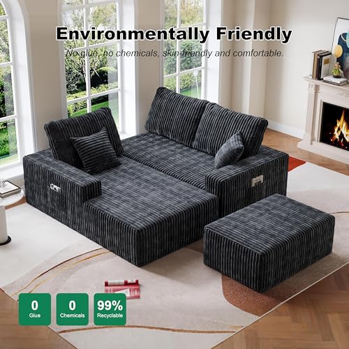 Image of Bean Bag Chairs for Adults, Memory Foam Reading Bean Bag Sofa Chair with Faux Fur Filler, Fireside Floor Gaming Chairs for Living Room, Bedroom and Office (Black, 108 inch+Left Chaise(with Ottoman))