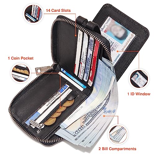 Zipper Wallet for Men, Genuine Leather Zipper Around Purse RFID Blocking Bifold ID Window,Zipper Wallet With Coin Pocket (Black)2