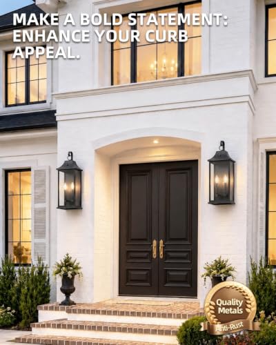 Image of RAYVO 21.5 inch Large Outdoor Lantern Lights Dusk to Dawn, Modern Farmhouse Exterior Light Fixtures Wall Mount, Anti-Rust Outside Wall Sconce for Porch Garage Entryway Patio, Black, 2 Pack