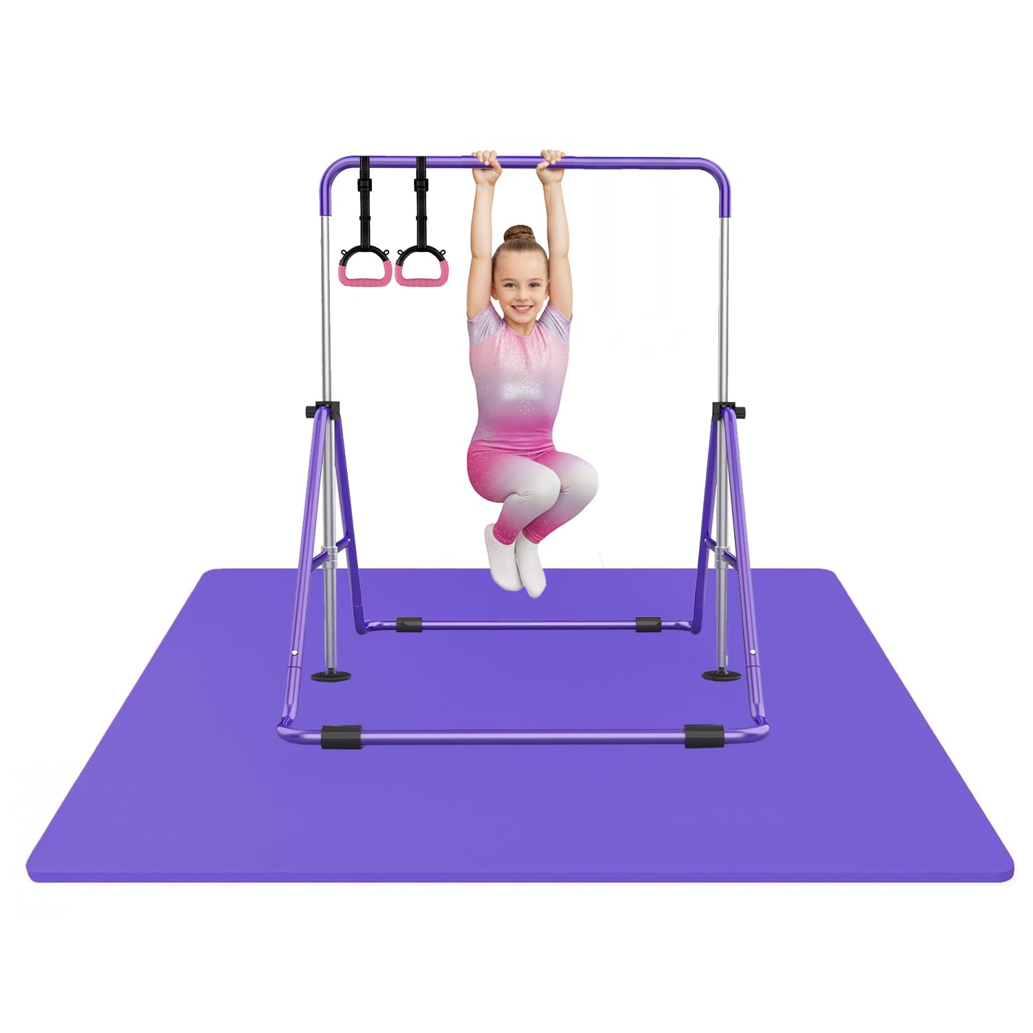 Original Cup Kids Gymnastics Set Purple | Adjustable Gym Bar 90–130 cm + Gym Mat 200x140 cm + Pink Gym Rings | Fitness, Suspension, Yoga, Home Training | Aerobik — image 1