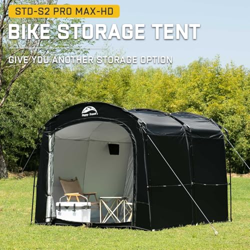 Image of Happy Travel Bike Storage Tent, Outdoor 8x7x6.3ft Large 2-in-1 Portable Shed More 30% Top Space W /Double Doors with Mesh, Outside Lawn Mower Shelter and Bicycle Cover for Patio Furniture, Garden Tools