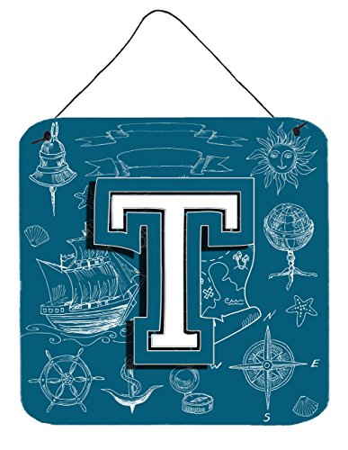 Caroline's Treasures CJ2014-TDS66 Letter T Sea Doodles Initial Alphabet Wall or Door Hanging Prints Aluminum Metal Sign Kitchen Wall Bar Bathroom Plaque Home Decor, 6x6, Multicolor