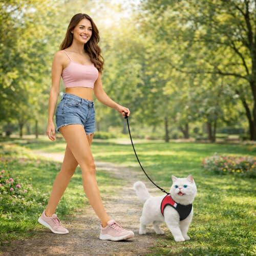 Image of Berlin's Cat Harness with Leash for Outdoor, Walking, Escape Proof, Air Mesh Fabric, Easy Control, Adjustable & Durable Cat Leash with Harness for Cats (Black-Red, Large)