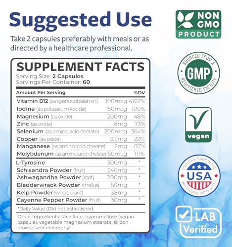 thyroid support with iodine - 120 capsules non-gmo improve your energy - ashwagandha root zinc selenium vitamin b12 complex - thyroid health supplement for women and for men - 60 day supply