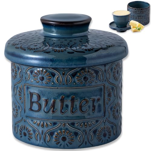 Beurrier À Eau,Beurrier Français En Céramique,Butter Crock Pour Beurre Frais Et Tartinable,Boite A Beurre Convient Pour Un Cadeau D'anniversaire/De Noël/De Fête Des Mères/De Grand-Mère (Bleu, 150g)