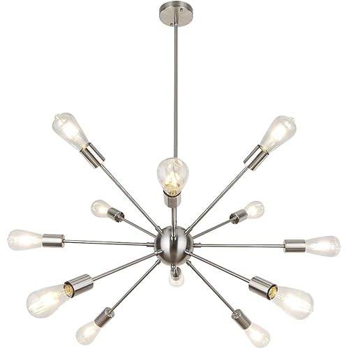 LynPon Brushed Nickel Sputnik Chandelier, 12 Lights Plating Silver Chandeliers Sputnik Light Fixture Modern Ceiling Light Mid Century Lighting for Dining Room Living Room Kitchen Foyer Bedroom
