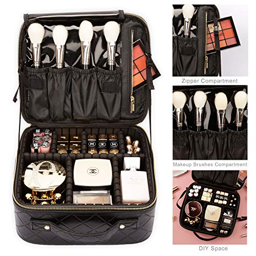 ROWNYEON Makeup Travel Case Rhomboid Makeup Bag Organizer Portable Cosmetic Makeup Train Case Storage Bag Diamond Pattern Cosmetic Bag for Women,Cosmetics PU Leather Waterproof Small,Black
