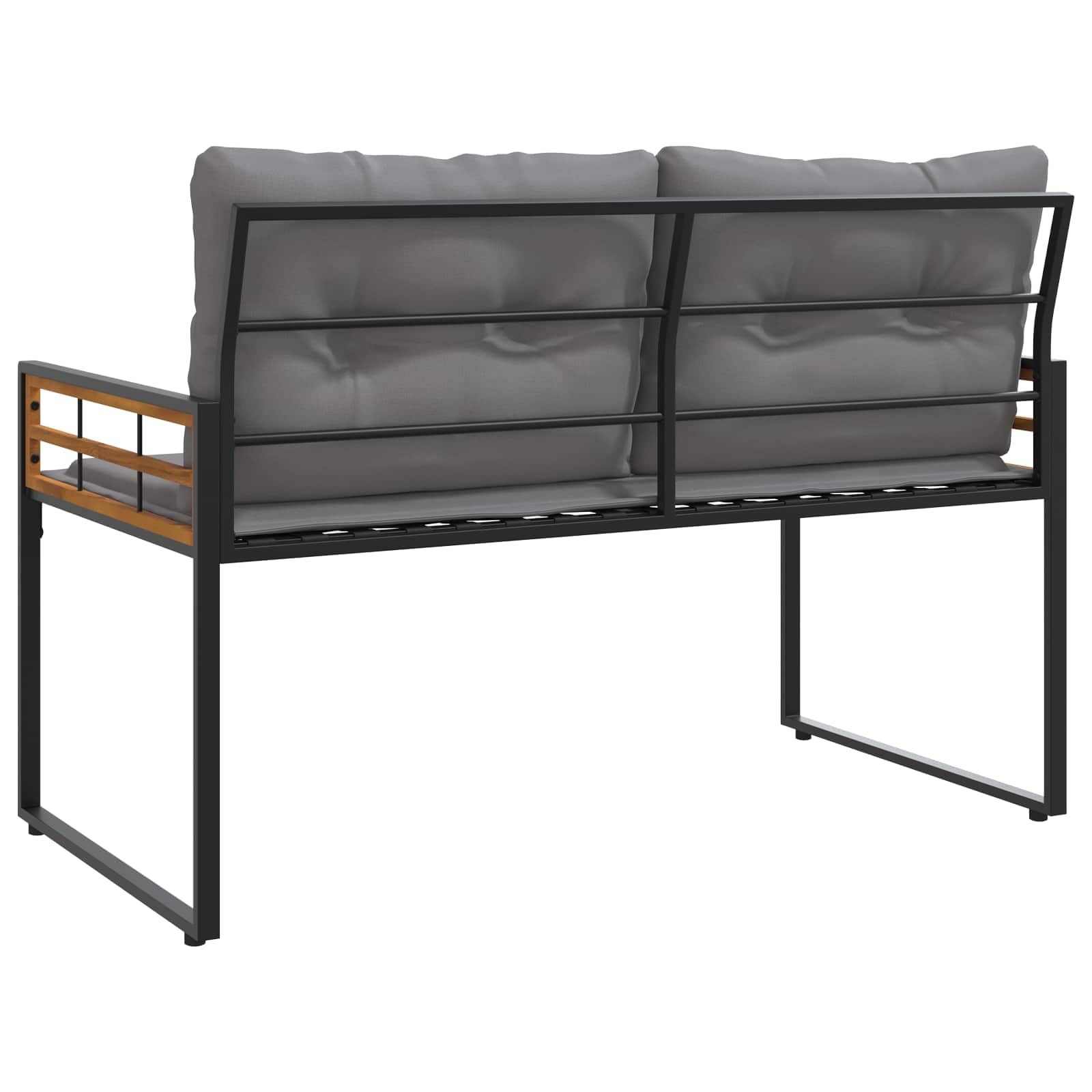 Drewniana ławka z poduszkami, jasnoszara, wykonana z litego drewna akacjowego i stali malowanej proszkowo, 114 x 55 x 77 cm, do ogrodu, na taras, balkon i do użytku na zewnątrz, z regulowanymi