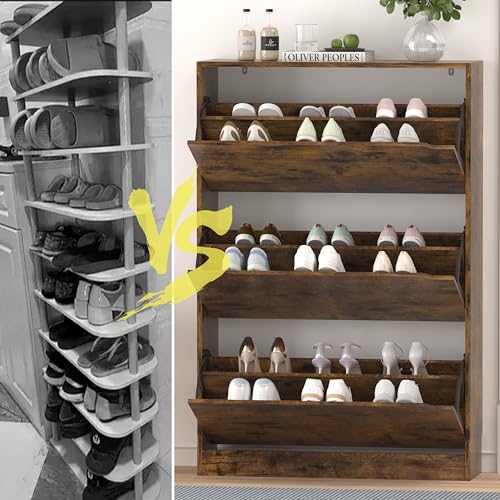 Image of Shoe Storage Cabinet for Entryway, Brown Shoe Cabinet with 3 Flip Drawers, Hidden Shoes Rack Freestanding Storage Organizer for Entryway,Closet, Living Room,Hallway 47.24 inchH x 31.50 inchW x 9.44 inchD