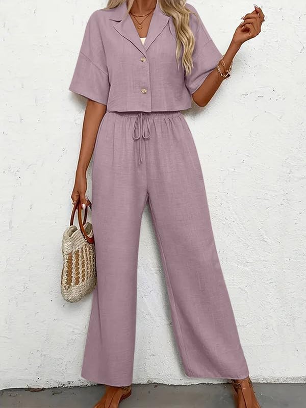 Ensemble pour Femme Décontracté 2 Pieces Col à Revers Chemise + Taille Elastique Pantalon avec Cordon de Serrage Couleur Unie Set Été