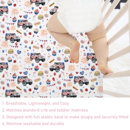 Image of American Flag Trucks Crib Mattress Sheet 52''x28'' 4th of July Patriotic Stars Burgers Stretchy Fitted Crib Mattress Sheet for Boy Girl Soft Nursery Baby Sheets for Standard Crib and Toddler Mattress