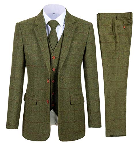 Mens Suit 3 Pieces Regular Fit Tweed Wool Plaid Formal Prom Blazer Sets Vest