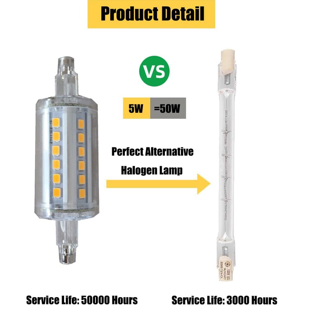 5W 500LM R7S 78MM Bombillas LED Regulables R7S Base 50W Bombilla halógena de tungsteno Bombillas de Repuesto para iluminación de Taller Lámparas de pie (Paquete de 10)