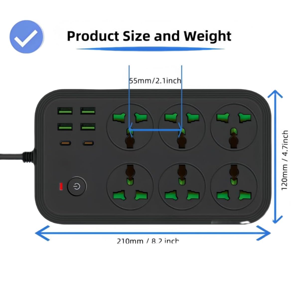(EU Plug) 12 in 1 Power Strip with USB C, Universal Extension Cord with 6 Wide Outlets and 4 USB, 110-240v, Max 3000w, Wall Mount International Plug Extender for European Travel