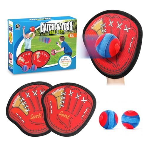 DISHIO Toss and Catch Ball Game Outdoor, 2 Set Outdoor Games Yard Games Beach Toys Pool Toddler Baseball Glove & Catch Ball Toys Birthday Gift for Ages 3 4 5 6 7 8-12 Year Old Boys Girl