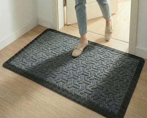 Image of Yellow Weaves Large Size (60x90 cm) Door Mat for Home Entrance, Outdoor Rubber Mat - Non-Slip, Anti Skid Foot Mat, Dirt Trapper, Heavy-Duty, Waterproof Doormat (Triangle Design, Grey Color)