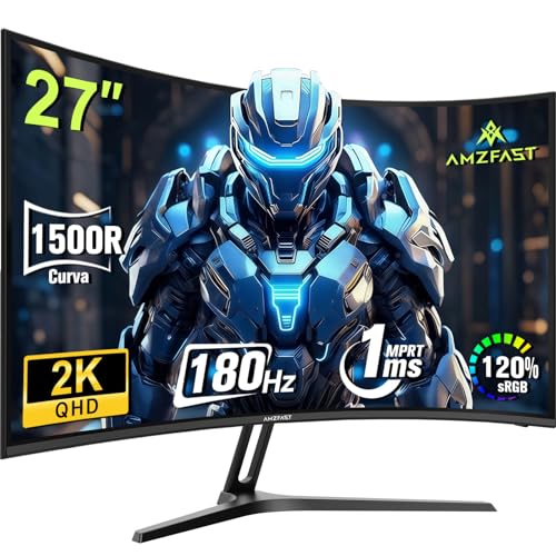 Amzfast Monitor de Juego Curvado de 27 Pulgadas, QHD(2560 x 1440), 180 Hz,1 MS MPRT, 1500R, sRGB 120%, Adpative Sync, HDR, Anti Flicker, Low Blue Light,VESA 100 x 100, HDMI 2.0 /DP 1. 2, AMZG27C1Q