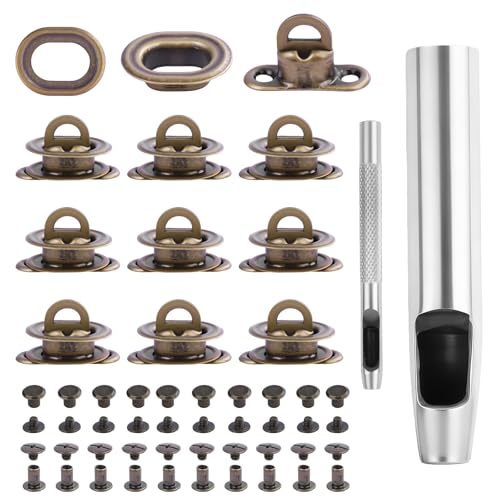 Mewflew Juego de 72 cierres de rosca – Ojales, remaches huecos y tapones de rosca en cobre rojo y gris oscuro – Kit de fijación para bolsas, piel, lonas, incluye herramientas (bronce rojo)