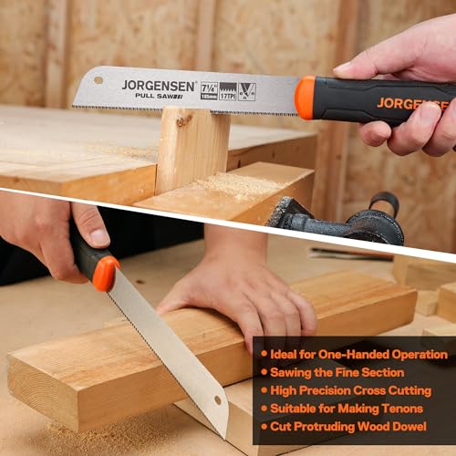 Image of JORGENSEN Japanese Pull Saw, 7.25 inch Hand Saw Single Edge, 17-TPI SK5 Flexible Blade Handsaws, Flush Cut Saw with Soft Grip Handle for Fine Woodworking & Fast, Precise Cuts