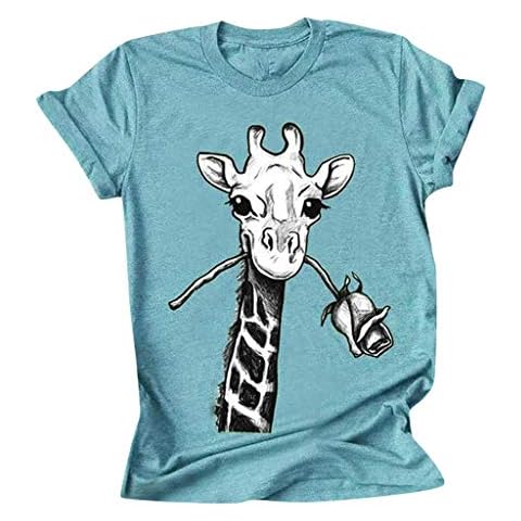 YSLMNOR Giraffe Graphic Tee Shirt for Womens Short Sleeve Tops Plus Size Basic Tshirts Loose Pullover Blue Cover