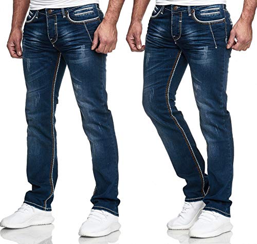 iProfash Dicke Naht Herren Jeans Hose Washed Straight Cut Regular Stretch GRAU BLAU W29-W38 (Blau -We, W36/L34)