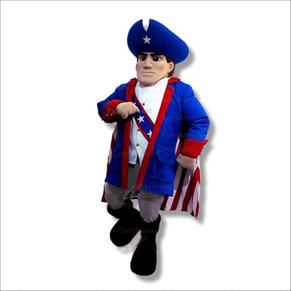 Handsome Patriot Mascot Costume in Blue Coat Adult Size for Men & Women with Built-in Fan Inside the Head