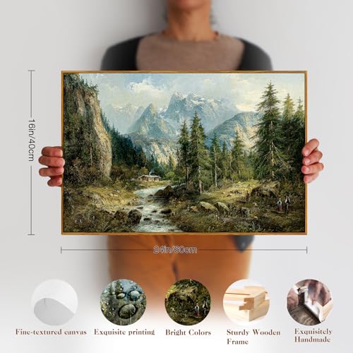 crmotu Vintage Framed Wall Art, Mountain River Landscape Canvas Painting, Pine Tree Forest Art Prints, Rustic Farmhouse Home Decorations, Pictures Wall Decor Living Room Bedroom Cottage 16x24in