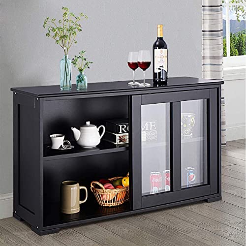 Fantask Kitchen Storage Cabinet Sideboard, Stackable Buffet W/Height-Adjustable Shelf & 2 Glass Sliding Doors, Accent Console Table For Kitchen Dining Living Room Hallway Office (Black) #TOP1