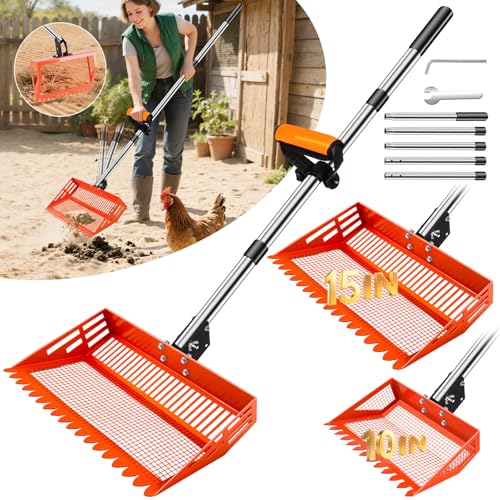 15/10 Chicken Poop Scooper & Rake 4 IN 1 Chicken Coop Scoop with 2 Large Metal Shovel Heads Chicken Coop Scooper for Sand Chicken Scoop with Long Handle Sifting Shovel for Chicken Coops(37 to 65in)