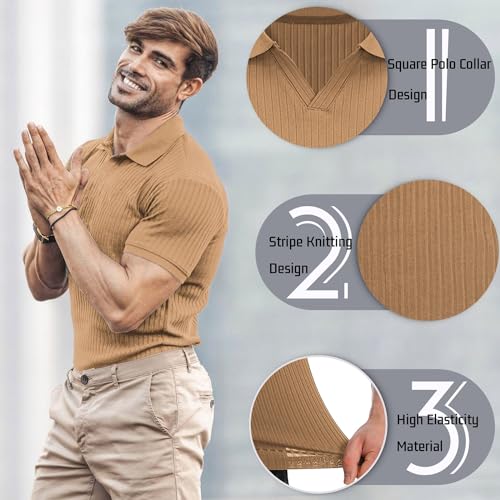 Collared Muscle Shirts for Men Ribbed Knit Slim Fit Polo Shirts Short Sleeve, Mens V Neck T Shirts Casual Stylish2