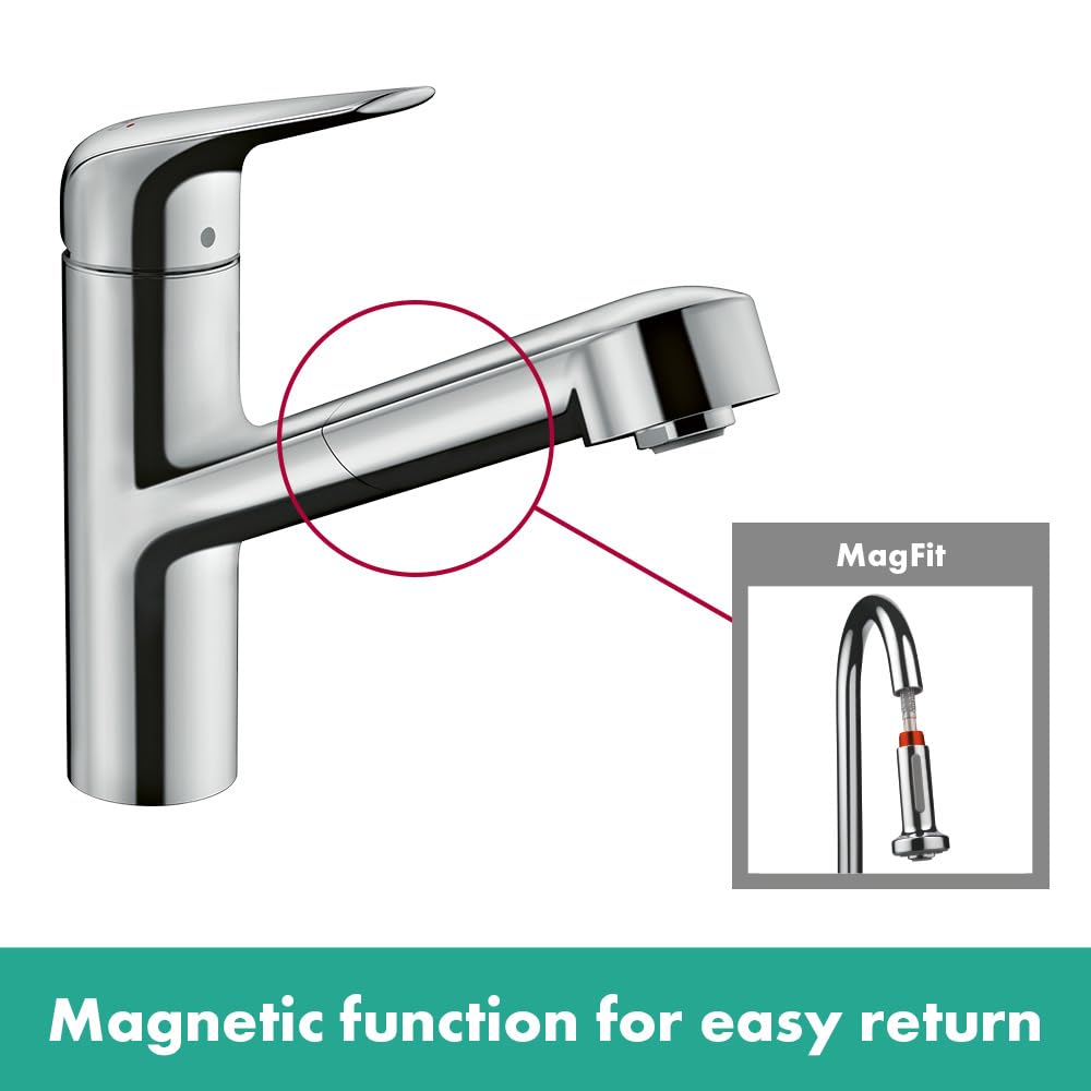 hansgrohe Focus M42 - Küchenarmatur mit Brause ausziehbar, 1 Stahlart, Wasserhahn Küche mit Auslaufhöhe 150 mm, Mischbatterie Küche schwenkbar, Chrom, 71814000