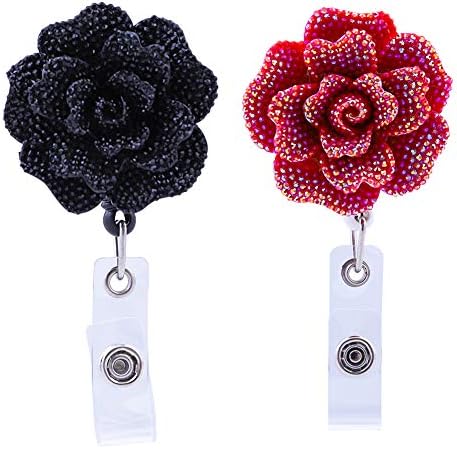 Soleebee 24'' Retractable Badge Reels, Glitter Rose Nurse ID Badge Holder with 360° Swivel Alligator Clip 2 Pack - Black/Red