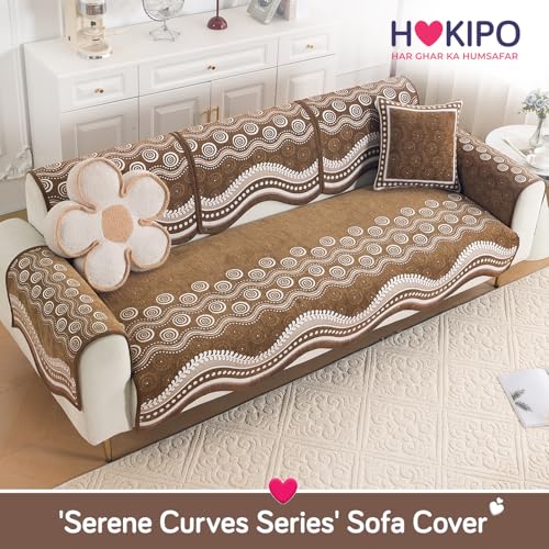 Image of HOKIPO Complete (Seat+Back+Arm) Sofa Mat Set for 3 Seater Sofa |Premium Chenille Sofa Covers with Curve Edges, 'Serene Curves Series' - Flowy Swirl (IN-997+1002+1001 * 2 - D1)