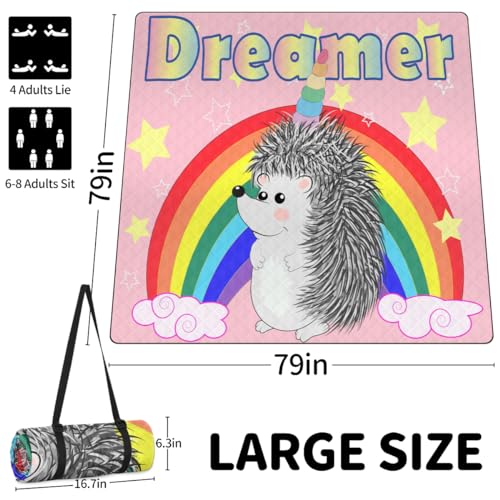 Shimoshe Extra Large Picnic Blankets 79”x 79”, Rainbow Hedgehog Waterproof Foldable Picnic Mat with Straps Portable Beach Blanket for Camping Park Grass Beach Indoor
