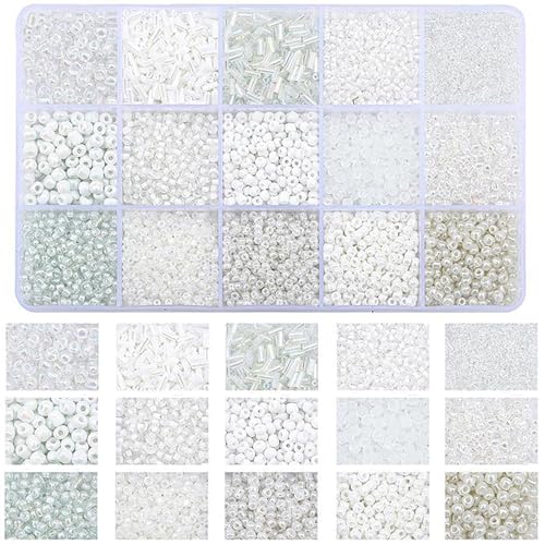 Glasperlen Set 15 Farben Kleine Seed Beads & Bugelperlen in Aufbewahrungsbox DIY Schmuckherstellung Perlen für Armbänder Halsketten Ohrringe (Weiß/Beige) (Weiß)